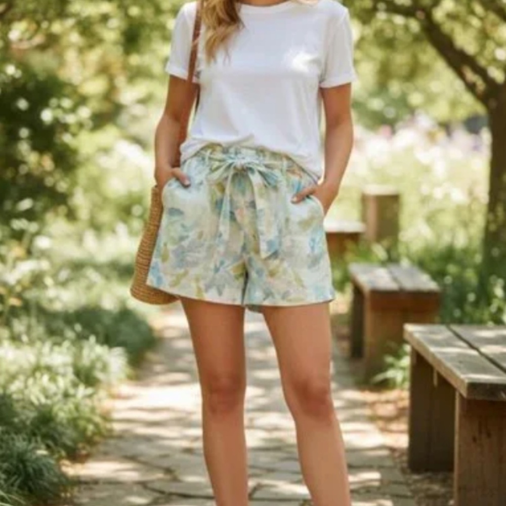 Bella Dahl “Ruffle Waist Short” in white blue green floral size medium